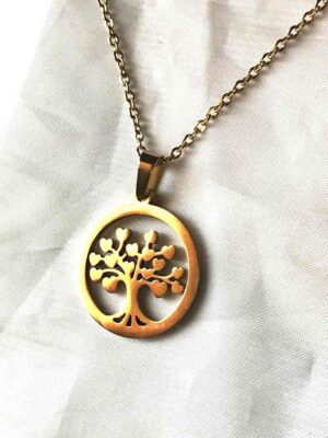 Collier pendentif doré cercle arbre vie coeurs