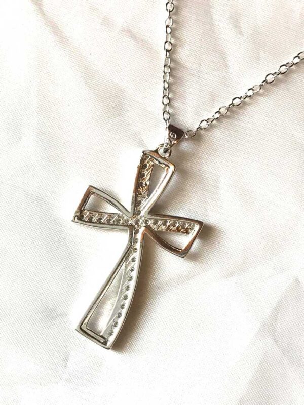 Arrière collier pendentif argenté double croix strass religion