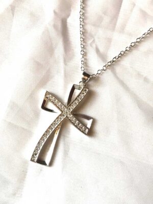 Collier pendentif argenté double croix strass religion boutique bijoux-harmonie Collier pendentif argenté double croix strass religion
